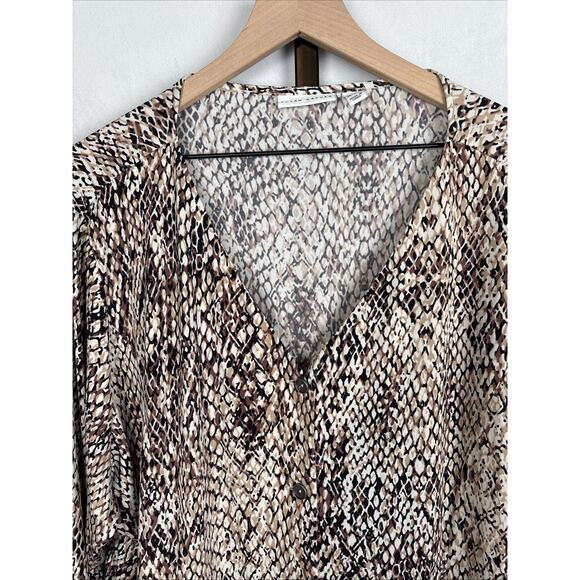 Susan Graver Liquid Knit Button Front Top Women’s 3X Brown Snake Print Stretch - Picture 2 of 10